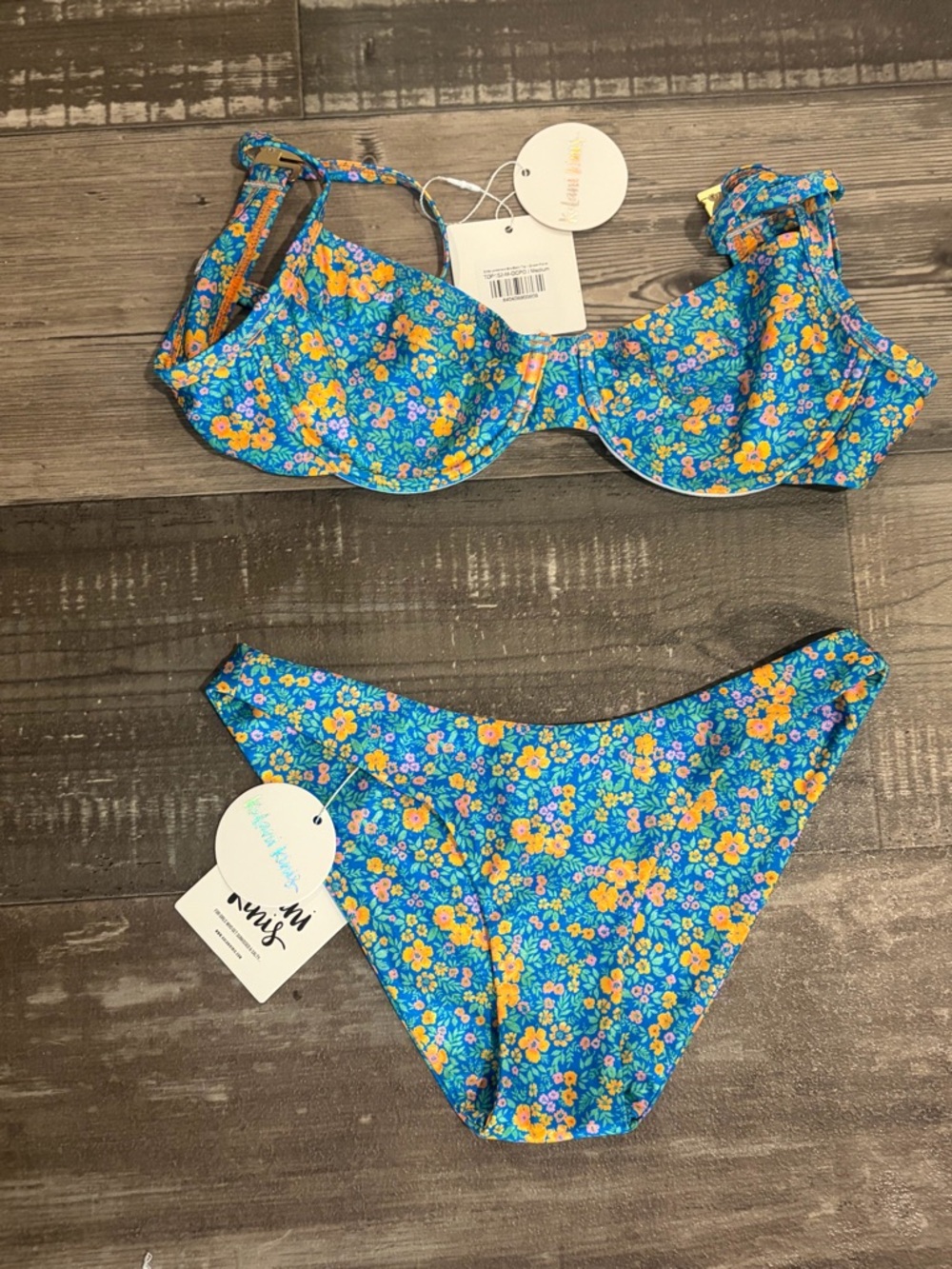 Kulani Kinis Blue Floral Bikini Set with Yellow Flowers. NWT. M Top/ XS Bottom.